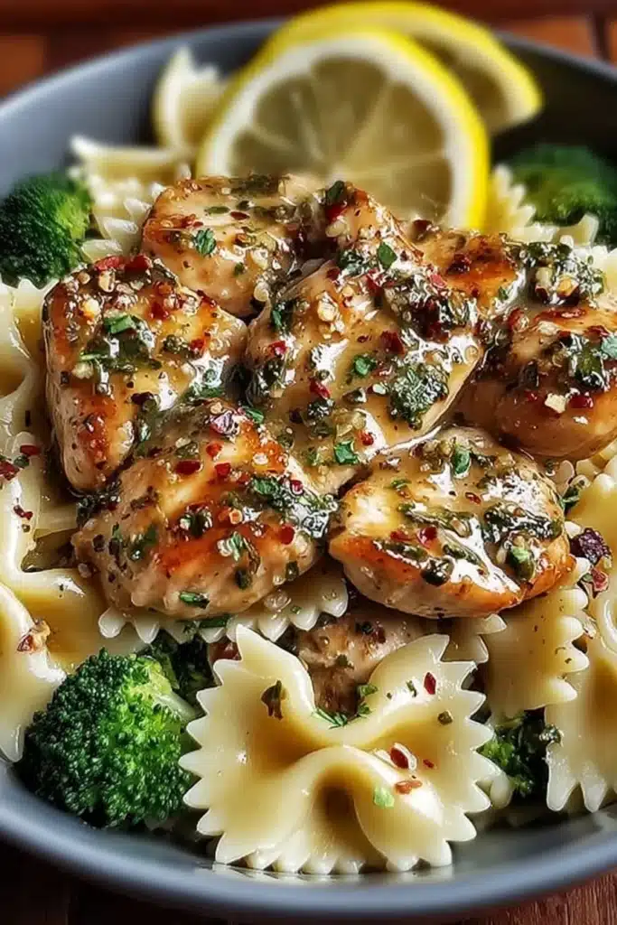 Lemon Bowtie Chicken with Broccoli 1 Lemon herb chicken with bowtie pasta and broccoli in garlic butter sauce