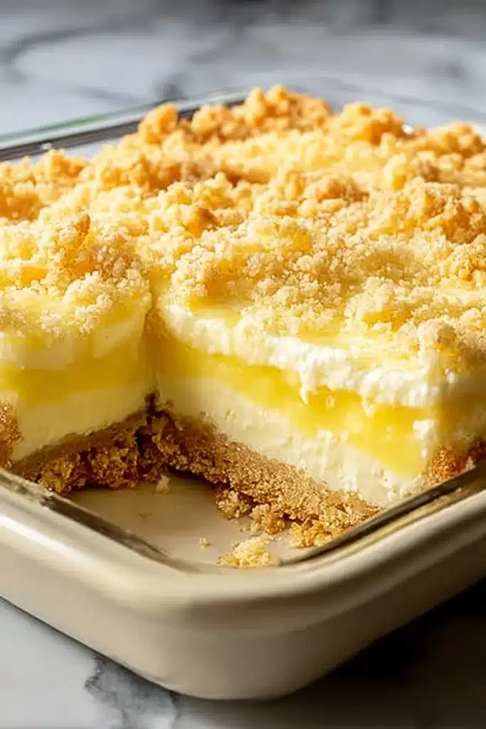 Lemon Cream Cheese Dump Cake 1 Lemon cream cheese dump cake with creamy layers and golden crumb topping in baking dish