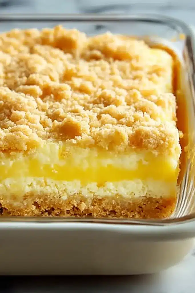 Lemon Cream Cheese Dump Cake 2 Lemon Cream Cheese Dump Cake layers with creamy filling and golden topping