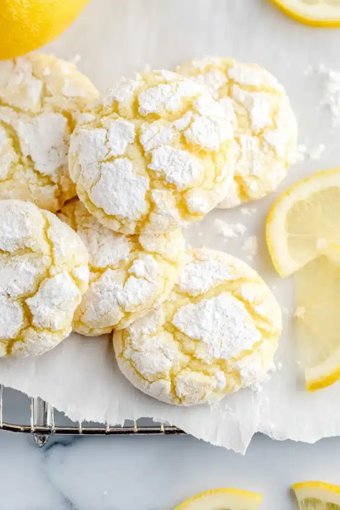 Lemon Crinkle Cookies 1 Soft lemon crinkle cookies with powdered sugar cracks and fresh lemon slices