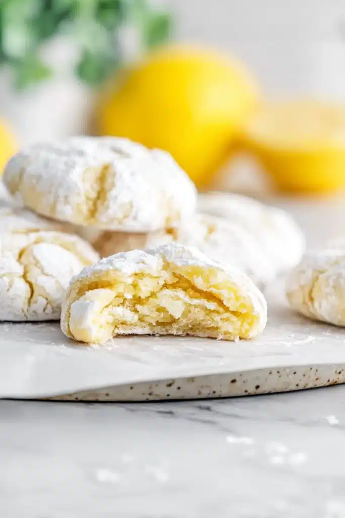Lemon Crinkle Cookies 2 Lemon Crinkle Cookies with soft chewy center and powdered sugar cracks