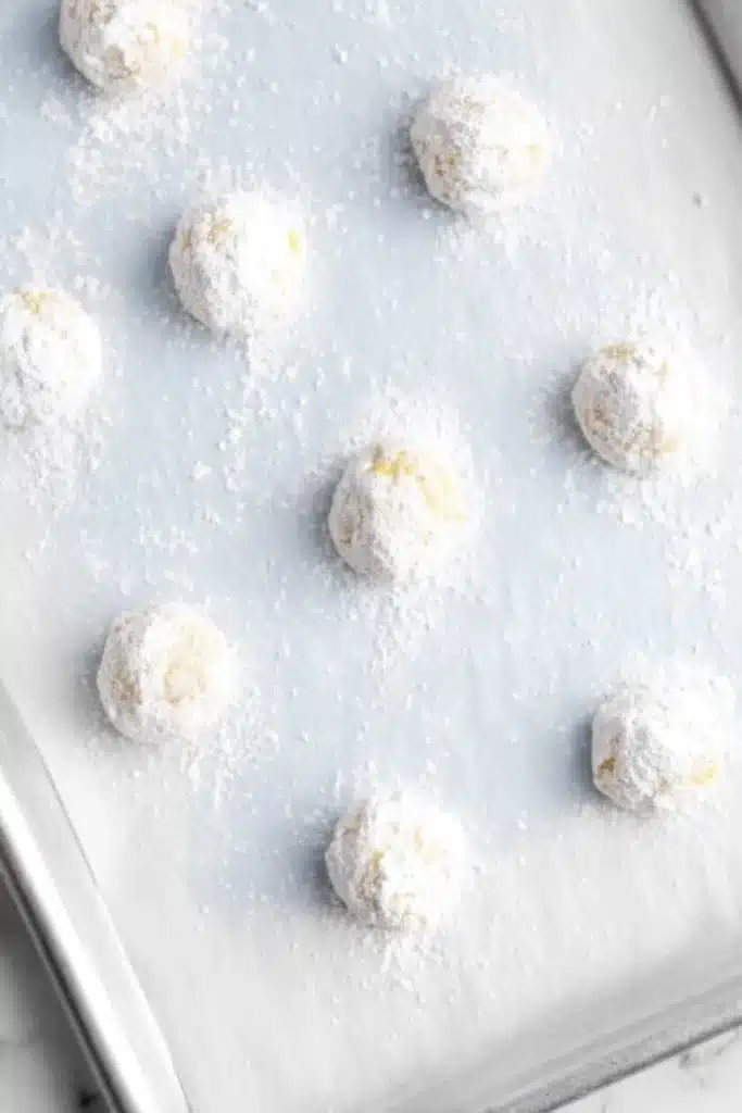 Lemon Crinkle Cookies 3 Lemon Crinkle Cookies dough balls coated in powdered sugar before baking
