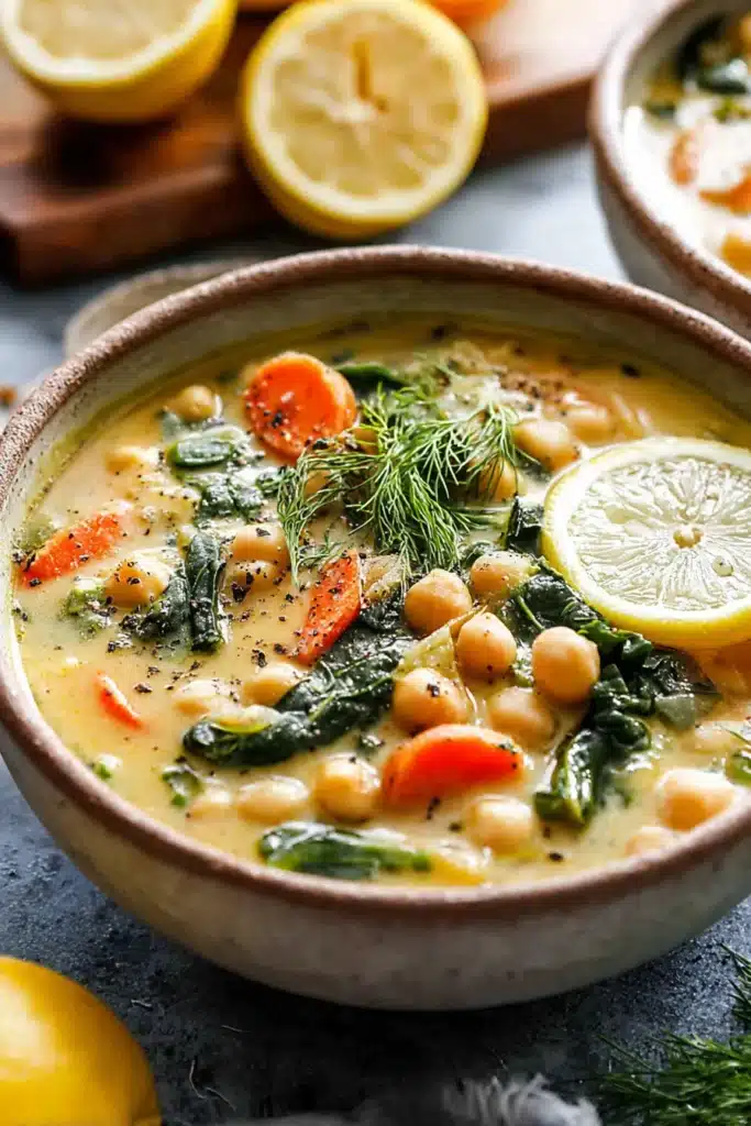 Lemony Greek Chickpea Soup Recipe That’s Bright and Comforting 2 Lemony Greek Chickpea Soup with dill, carrots, and lemon slice in bowl