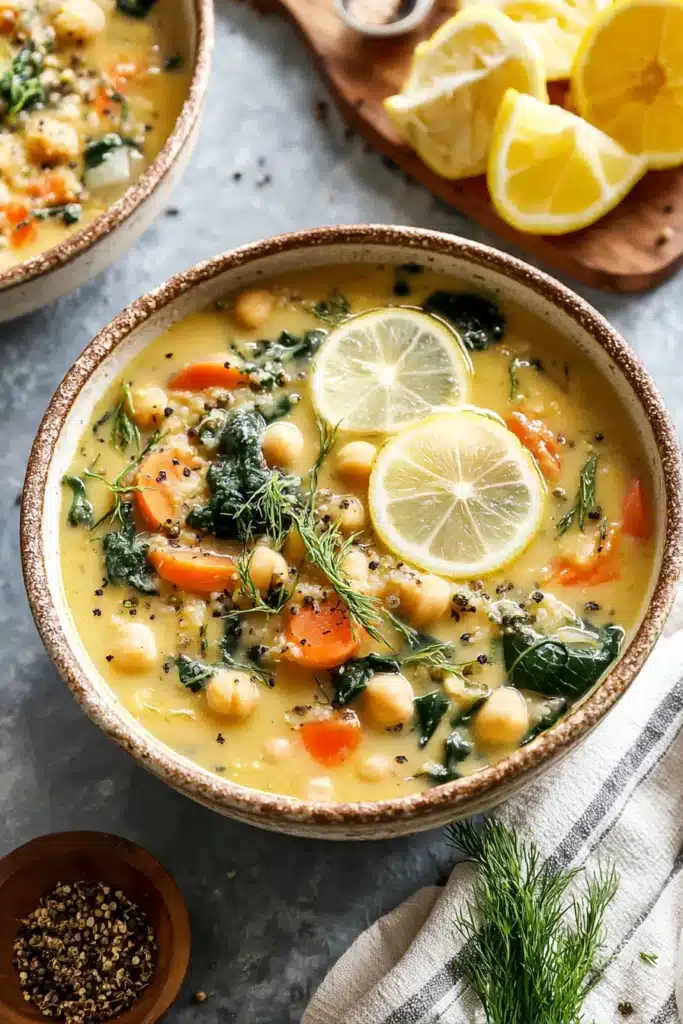Lemony Greek Chickpea Soup Recipe That’s Bright and Comforting 1 Lemony Greek chickpea soup with dill, carrots, and lemon slice in ceramic bowl