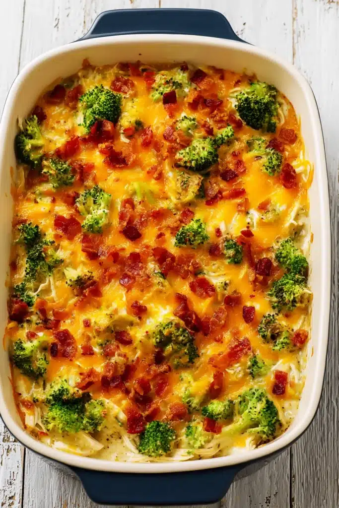 Low Carb Chicken Casserole That’s Creamy, Cheesy, and So Satisfying 1 Low carb chicken casserole with broccoli, bacon, and melted cheddar cheese in baking dish