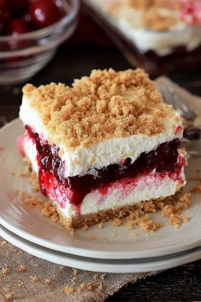 No-Bake Cherry Dessert That’s Creamy and Irresistible 1 No bake cherry dessert slice with creamy layers and cherry filling on white plate