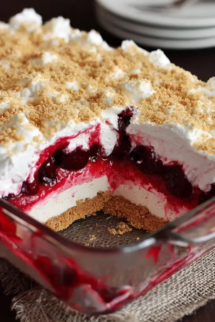 No-Bake Cherry Dessert That’s Creamy and Irresistible 4 No-Bake Cherry Dessert slice with creamy layers and cherry filling