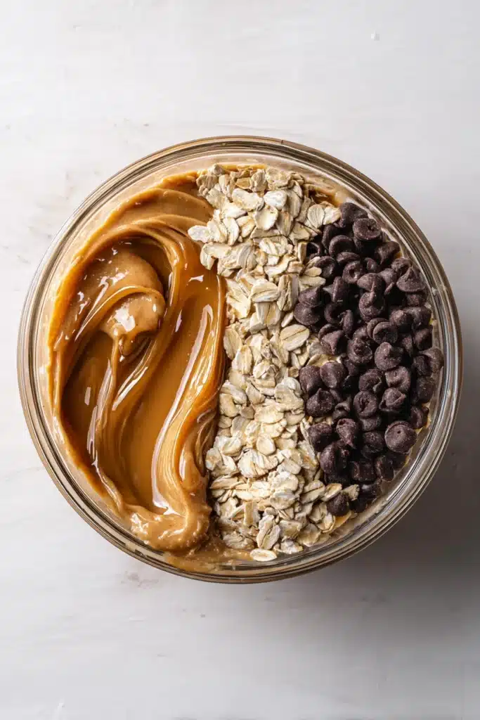 Peanut Butter Energy Bites ingredients in a bowl with oats honey and chocolate chips