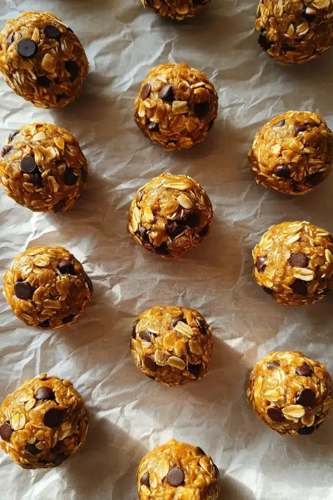 Peanut Butter Energy Bites arranged on parchment paper overhead view