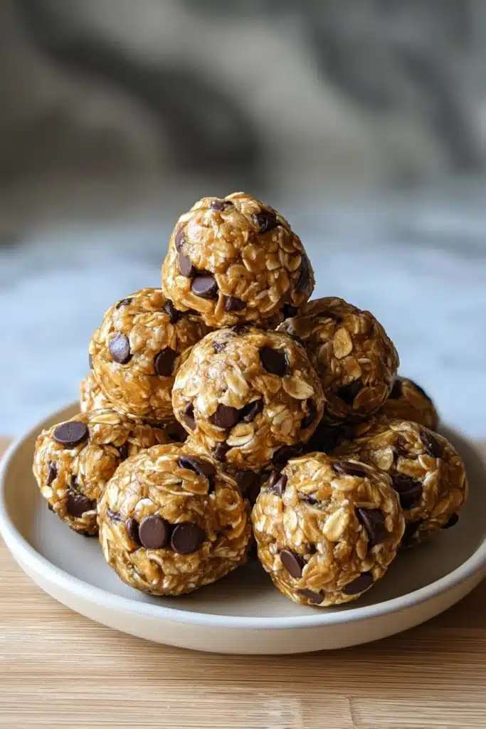 Peanut butter energy bites with oats and chocolate chips stacked on a plate