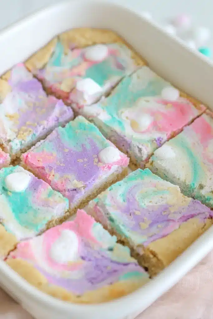 Peeps Sugar Cookie Bars 2 Pastel Peeps sugar cookie bars with gooey marshmallow swirls cut into squares