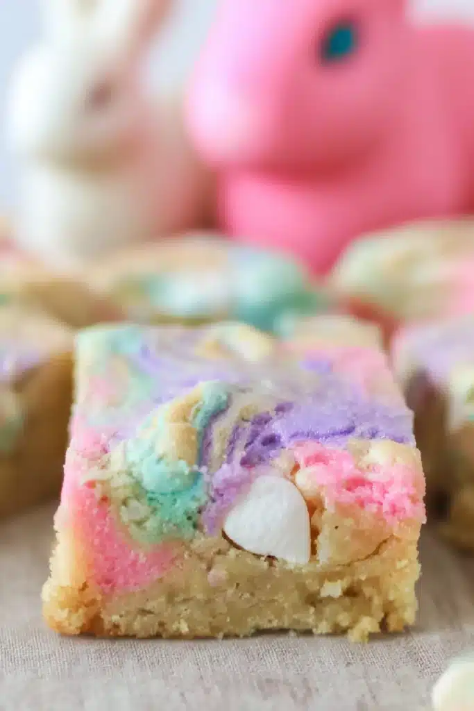 Peeps Sugar Cookie Bars 1 Close up of Peeps Sugar Cookie Bars with gooey pastel marshmallow center