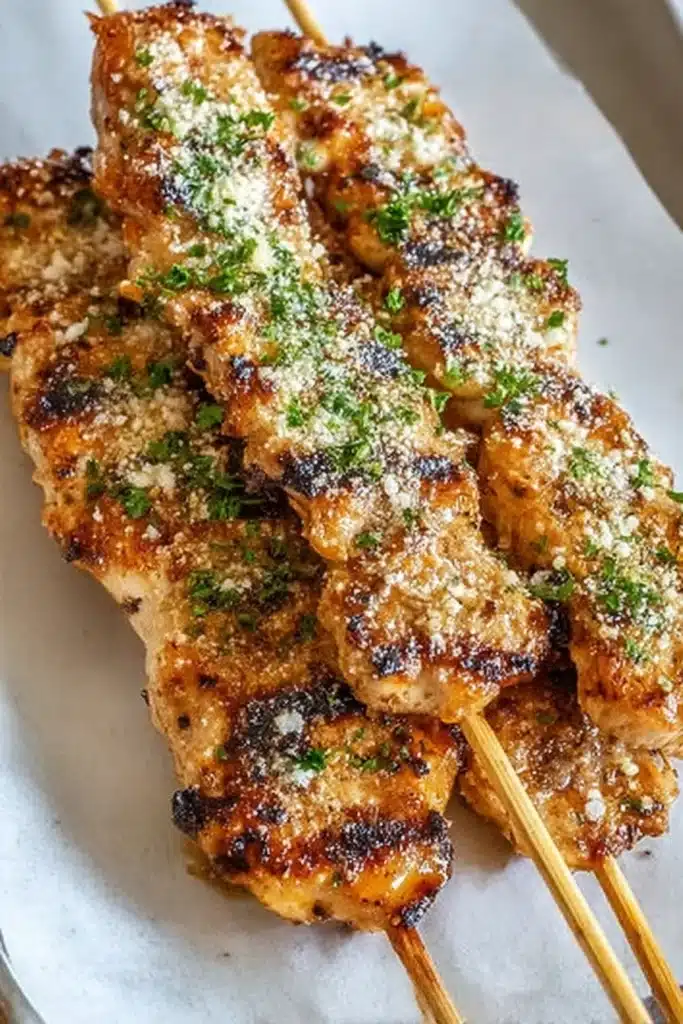 Grilled ranch garlic parmesan chicken skewers with crispy char and fresh parsley