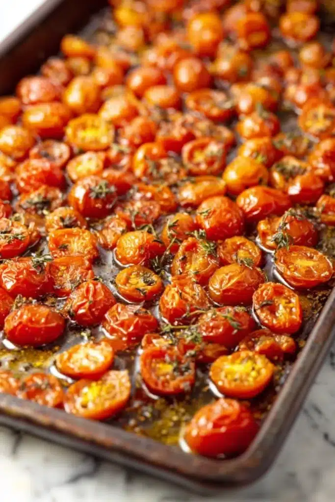 Roasted Cherry Tomatoes Pasta Recipe You Will Love 1 Roasted cherry tomatoes with garlic and thyme on baking tray
