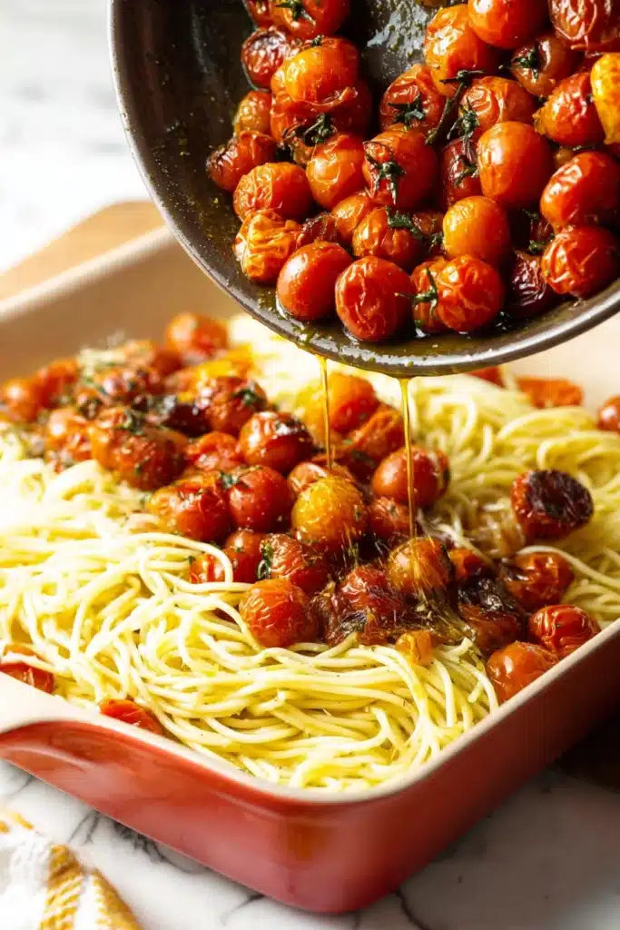 Roasted Cherry Tomatoes Pasta Recipe You Will Love 4 Roasted Cherry Tomatoes poured over spaghetti in red bowl