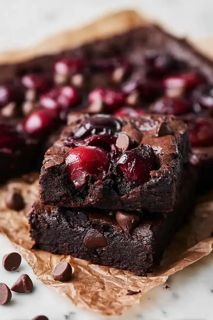 Fudgy roasted chocolate cherry brownies with glossy cherries and chocolate chips