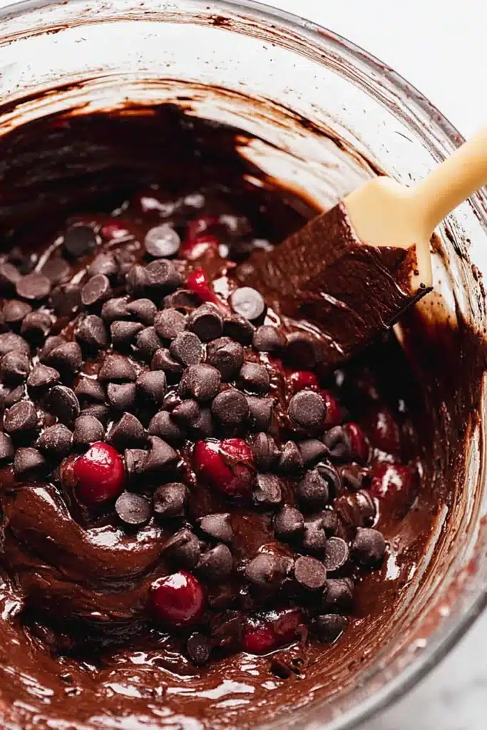 Roasted Chocolate Cherry Brownies batter with chocolate chips and cherries