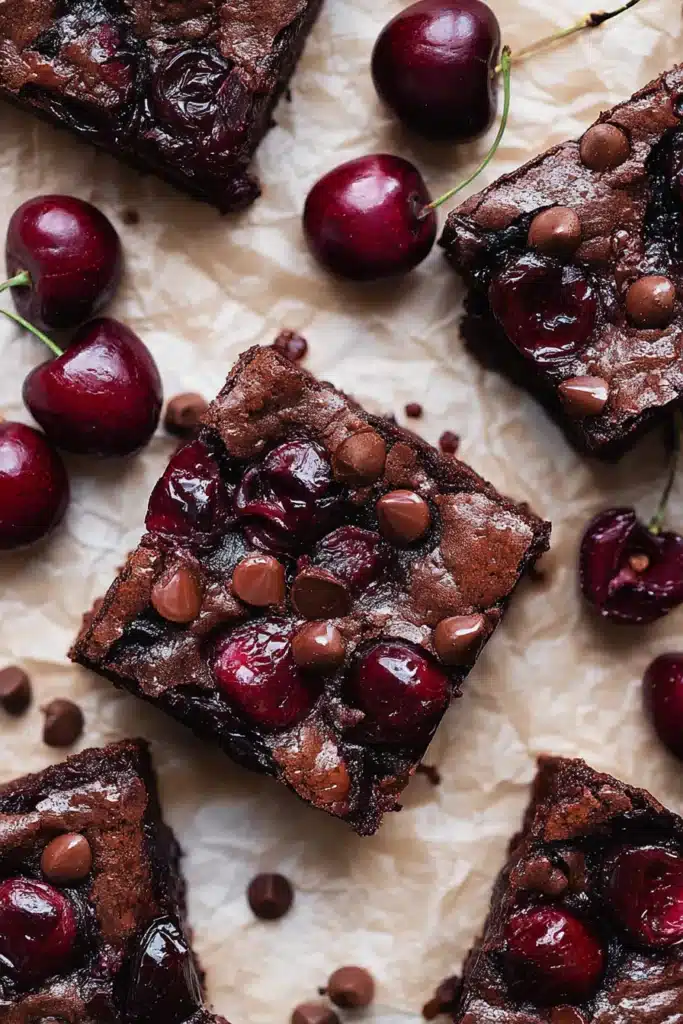 Roasted Chocolate Cherry Brownies topped with glossy roasted cherries and chocolate chips