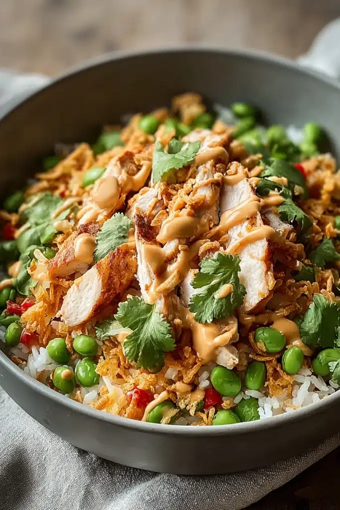 Savor chicken crispy rice salad with peanut dressing, crispy rice, and fresh herbs