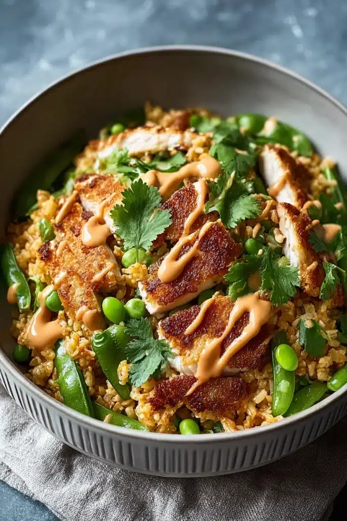 Savor Chicken Crispy Rice Salad with caramelized chicken and peanut dressing