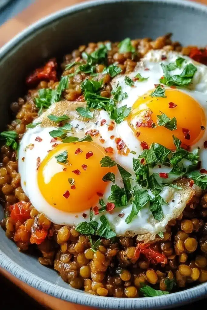Savory Lentil Breakfast Bowl 1 Savory lentil breakfast bowl with fried eggs, herbs, and vegetables