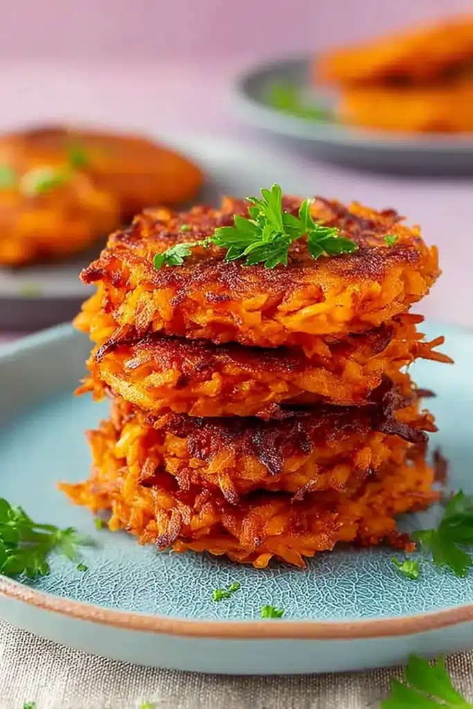 Savory Sweet Potato Hash Browns Recipe Crispy and Easy 1 Crispy savory sweet potato hash browns stacked on a plate with parsley garnish