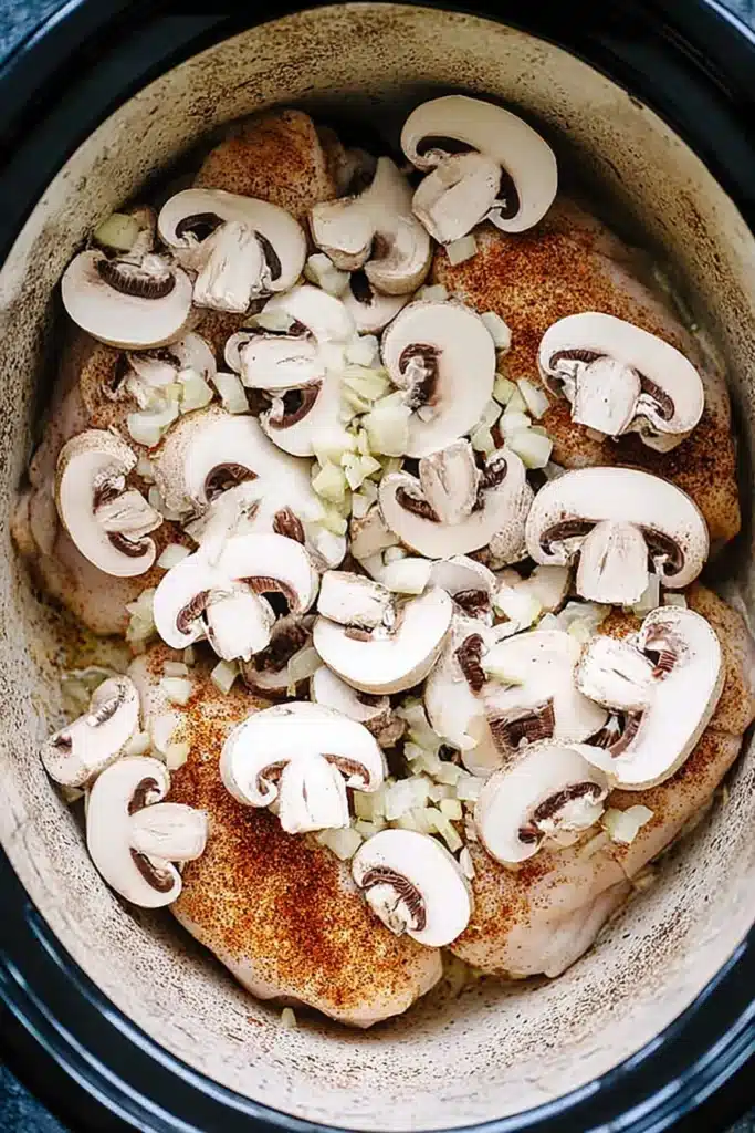 Slow Cooker Chicken Marsala Recipe That’s Creamy and Easy 2 Slow Cooker Chicken Marsala layered with mushrooms before cooking
