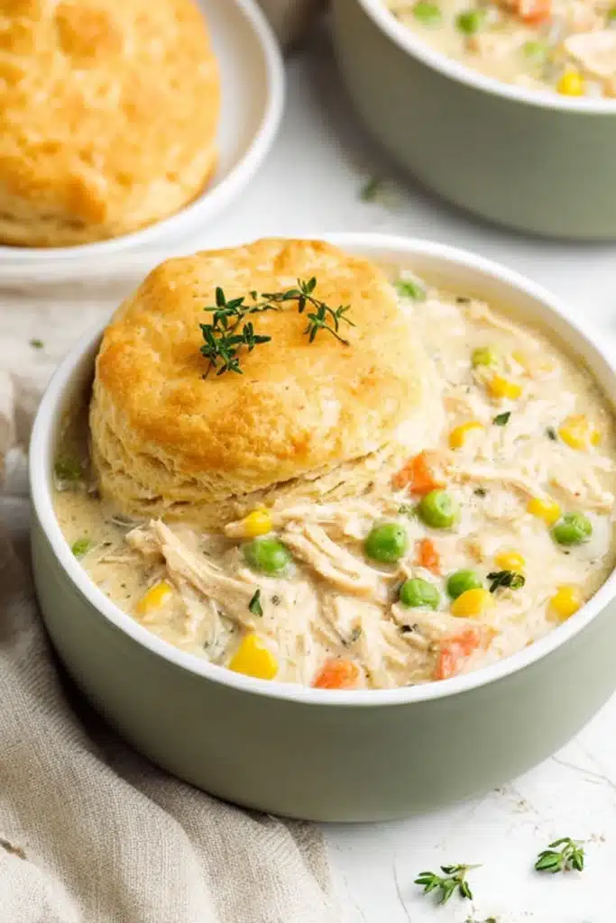Slow Cooker Chicken Pot Pie 1 Creamy slow cooker chicken pot pie with biscuit topping in ceramic bowl