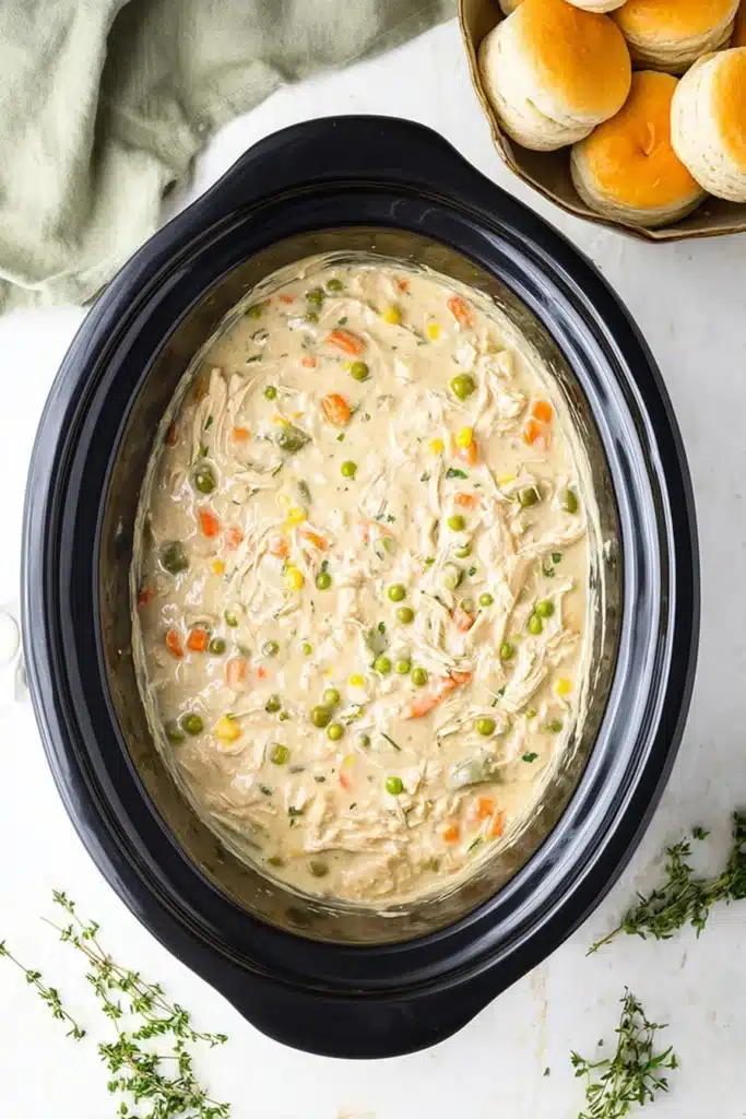 Slow Cooker Chicken Pot Pie 3 Creamy Slow Cooker Chicken Pot Pie filling in crockpot