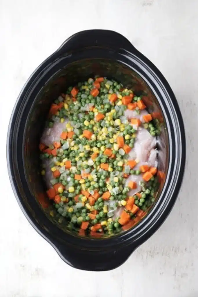 Slow Cooker Chicken Pot Pie 2 Slow Cooker Chicken Pot Pie ingredients layered in crockpot