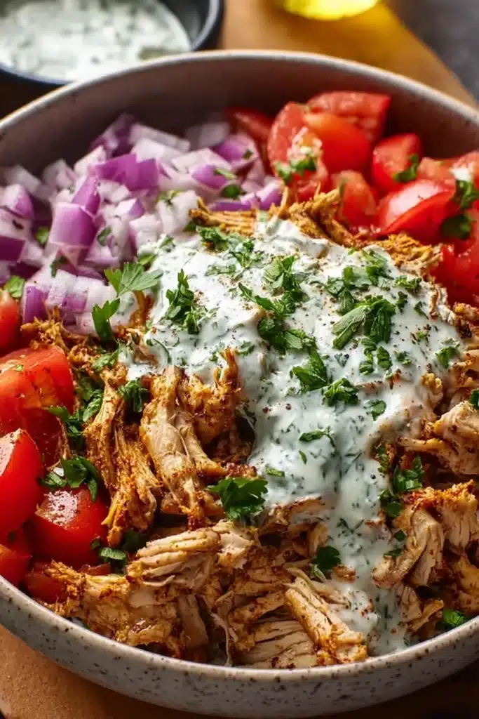 Slow Cooker Chicken Shawarma: Tender, Flavor-Packed, and Effortless Weeknight Meal 2 Slow Cooker Chicken Shawarma bowl with yogurt sauce, tomatoes, and red onions