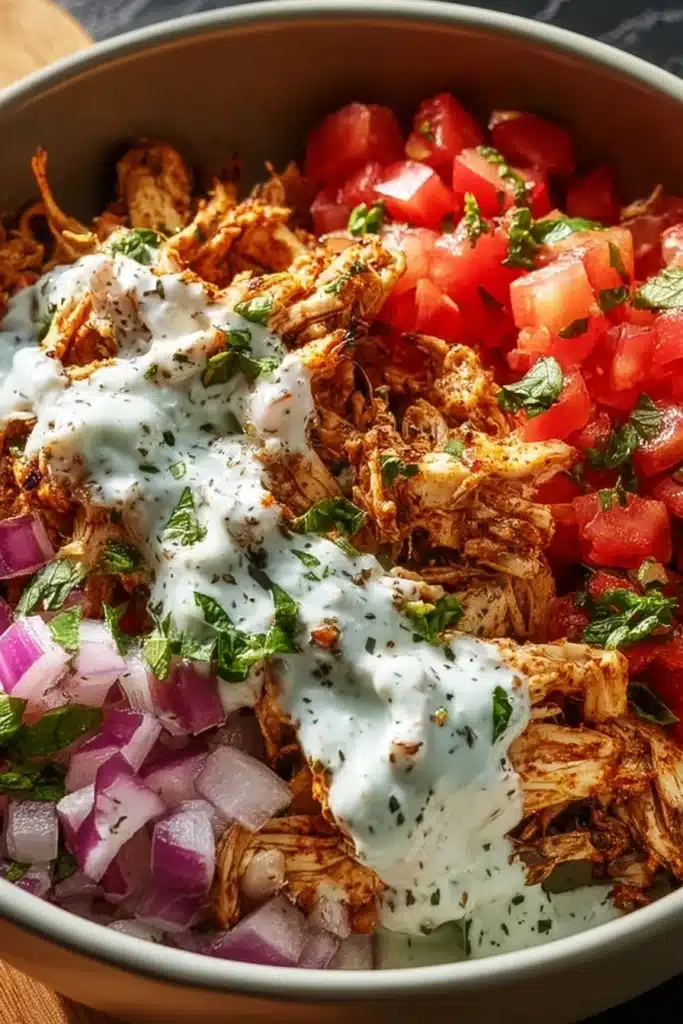 Slow Cooker Chicken Shawarma: Tender, Flavor-Packed, and Effortless Weeknight Meal 1 Slow cooker chicken shawarma bowl with yogurt sauce, tomatoes, and onions