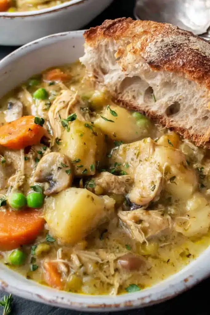 Slow Cooker Chicken Stew 1 Creamy chicken stew with potatoes, carrots, peas and crusty bread in ceramic bowl