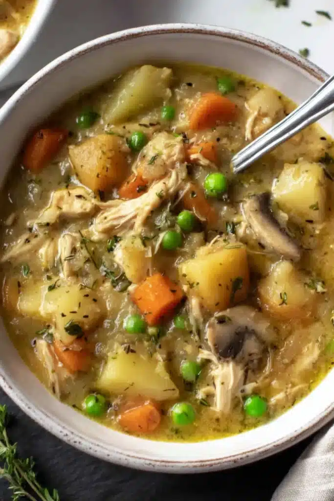 Slow Cooker Chicken Stew 2 Slow Cooker Chicken Stew with potatoes carrots peas and creamy broth