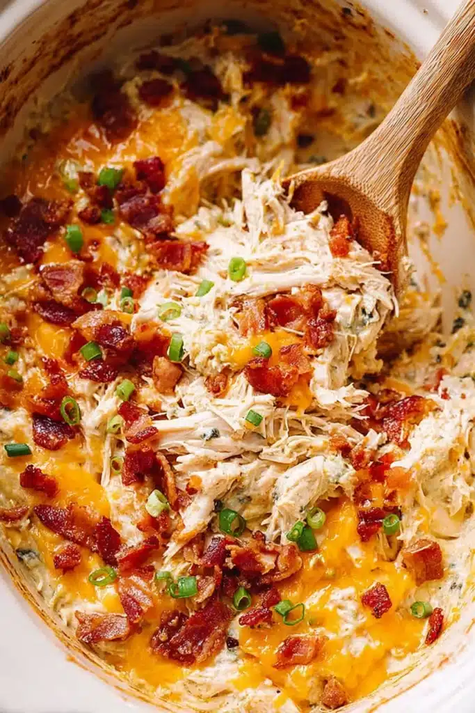 Slow Cooker Crack Chicken 1 Creamy slow cooker crack chicken with melted cheddar, bacon, and green onions