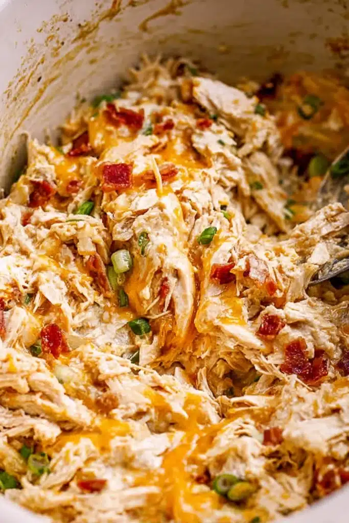 Slow Cooker Crack Chicken 2 Slow Cooker Crack Chicken with melted cheddar and bacon in slow cooker