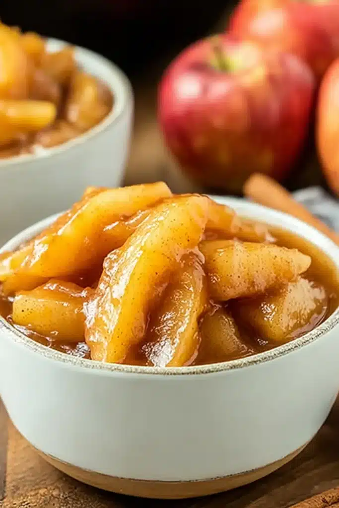 Slow cooker cinnamon fried apples in caramel sauce served in a ceramic bowl