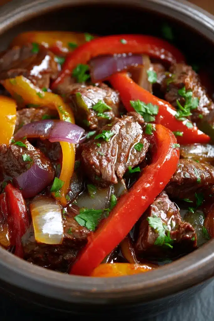 Slow cooker pepper steak with tender beef, bell peppers, and rich savory sauce
