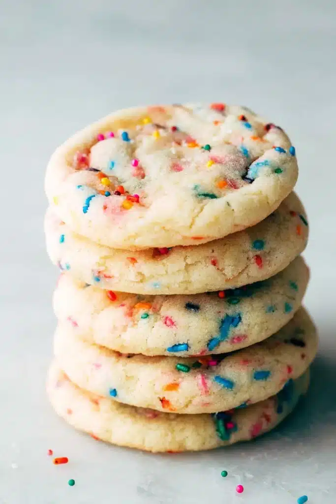 Soft Funfetti Cookies 1 Soft funfetti cookies stacked with colorful sprinkles and chewy texture