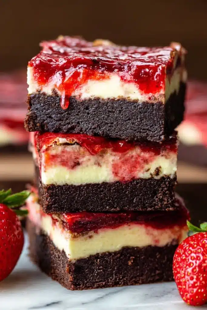 Strawberry cheesecake brownies with chocolate base, creamy cheesecake layer, and strawberry topping