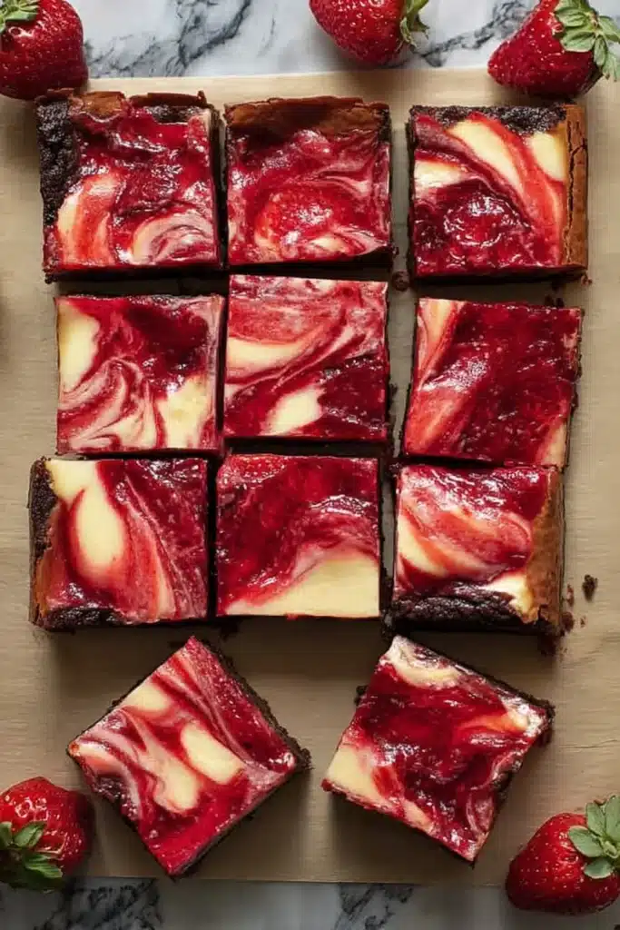 Strawberry cheesecake brownies squares with glossy strawberry swirl topping