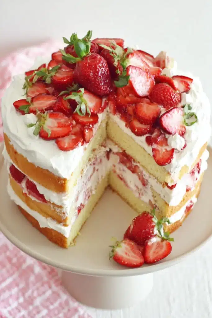 Strawberry Shortcake Cake Recipe That Feels Truly Special 1 Strawberry shortcake cake with whipped cream and fresh strawberries on cake stand