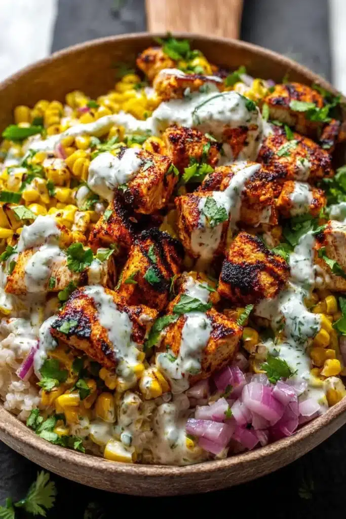 Street Corn Chicken Bowl Recipe That’s Creamy and Flavorful 1 Street corn chicken bowl with grilled chicken, corn, rice, and creamy sauce