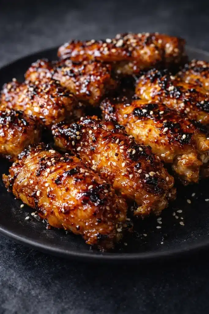 Teriyaki Chicken Wings Recipe – Easy Sticky and Flavorful 1 Sticky teriyaki chicken wings with glossy glaze and sesame seeds on plate