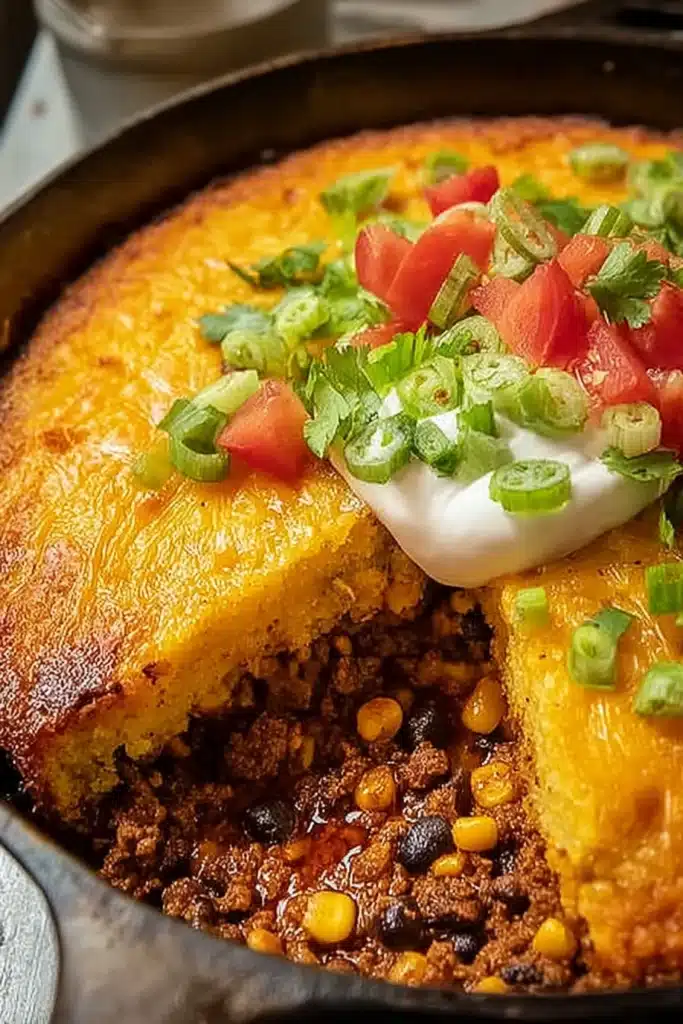 Texas Tamale Pie Recipe for a Cozy Family Dinner 1 Texas tamale pie with cornbread crust and beef filling in baking dish