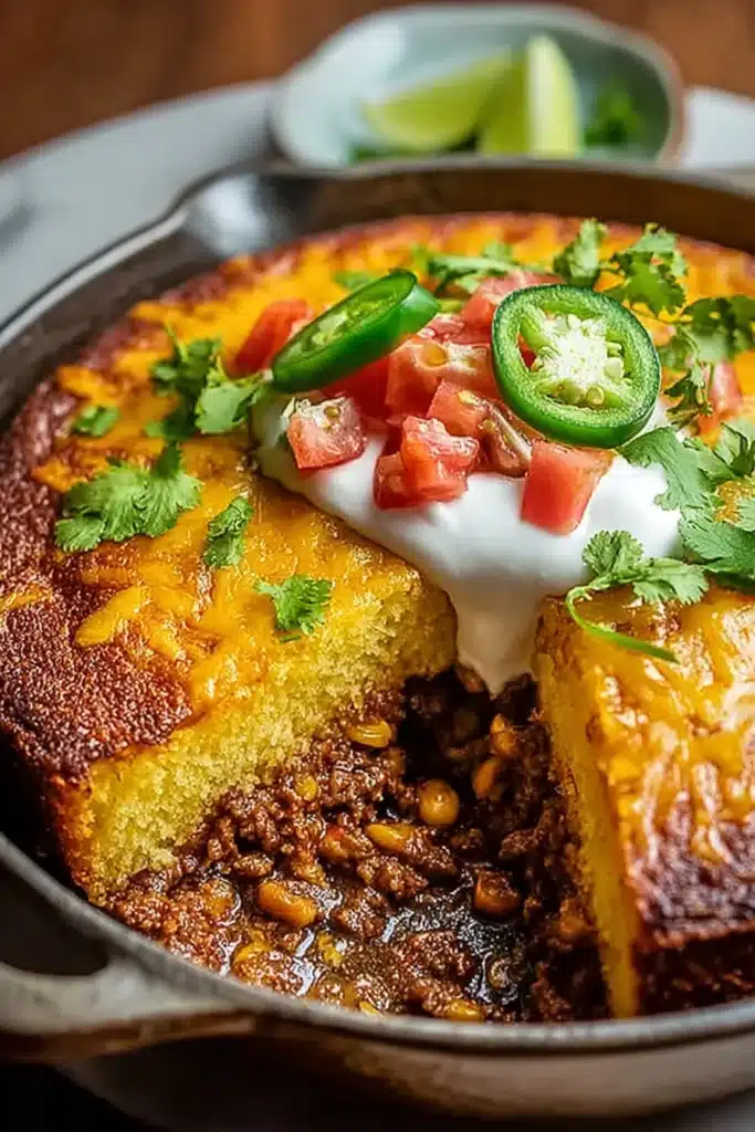 Texas Tamale Pie Recipe for a Cozy Family Dinner 2 Texas Tamale Pie with cornbread crust and beef filling in skillet