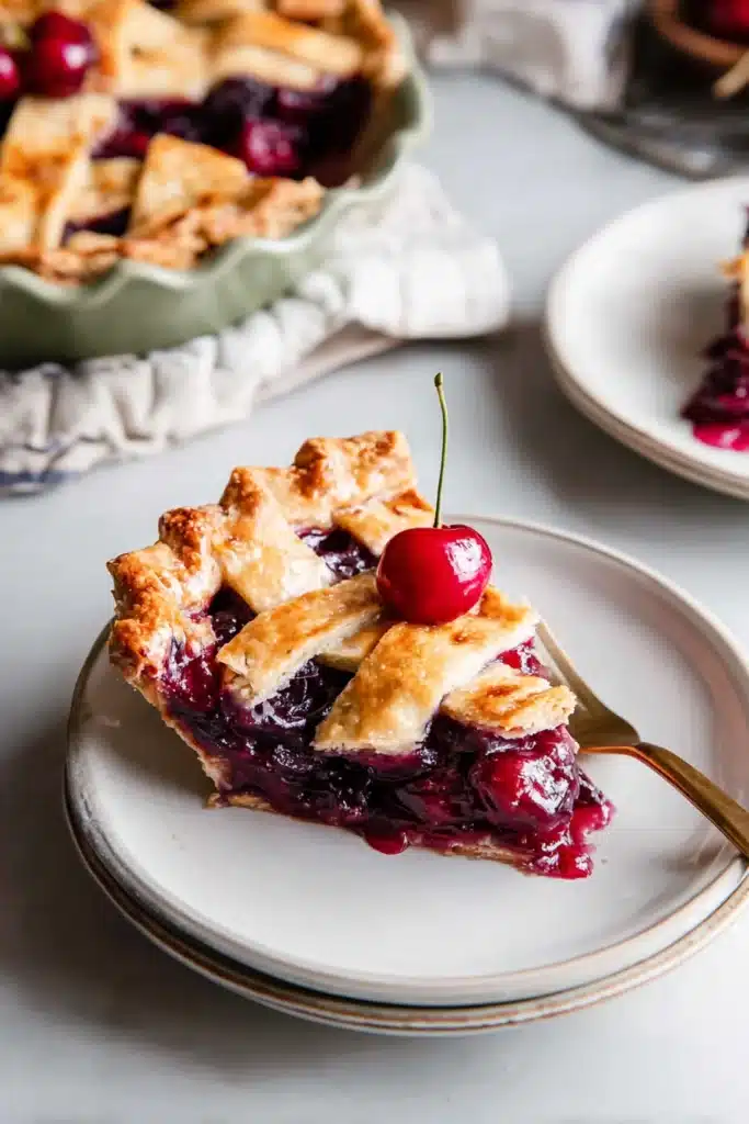 The Best Cherry Pie with Flaky Crust and Juicy Filling 1 Slice of homemade cherry lattice pie with glossy filling on ceramic plate