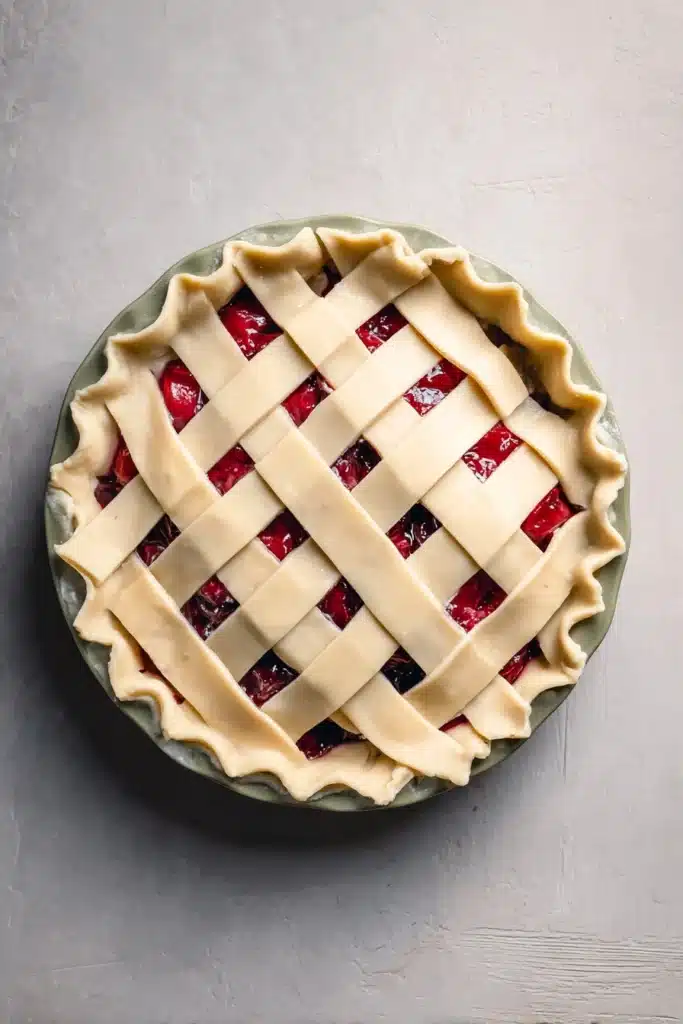 The Best Cherry Pie with Flaky Crust and Juicy Filling 2 The best Cherry Pie photographed from above, showcasing a golden flaky lattice crust and rich glossy cherry filling. This cozy homemade cherry pie captures classic comfort and irresistible texture.