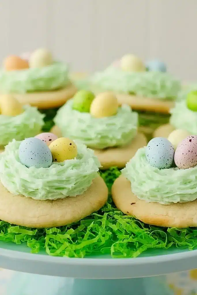 The Best Easter Sugar Cookies for a Soft and Festive Treat 1 Easter sugar cookies with green buttercream nests and pastel candy eggs