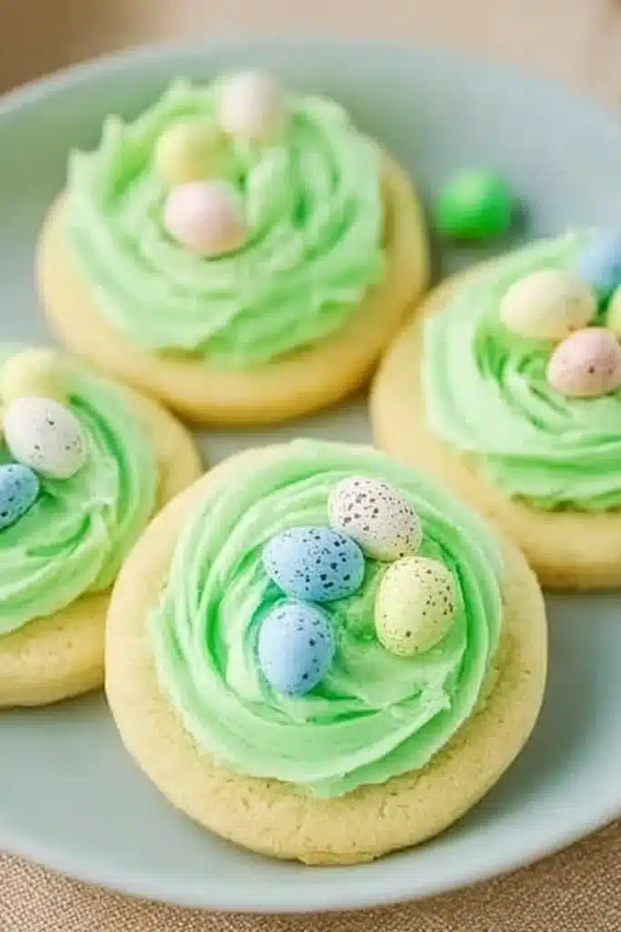 The Best Easter Sugar Cookies for a Soft and Festive Treat 3 The best easter Sugar Cookies with green buttercream nests and pastel candy eggs